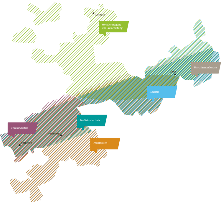 Kanton Solothurn, Branchen nach Regionen eingefärbt